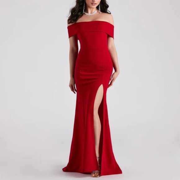 Faviana Red Jersey Off-The-Shoulder Dress - Picture 3 of 5